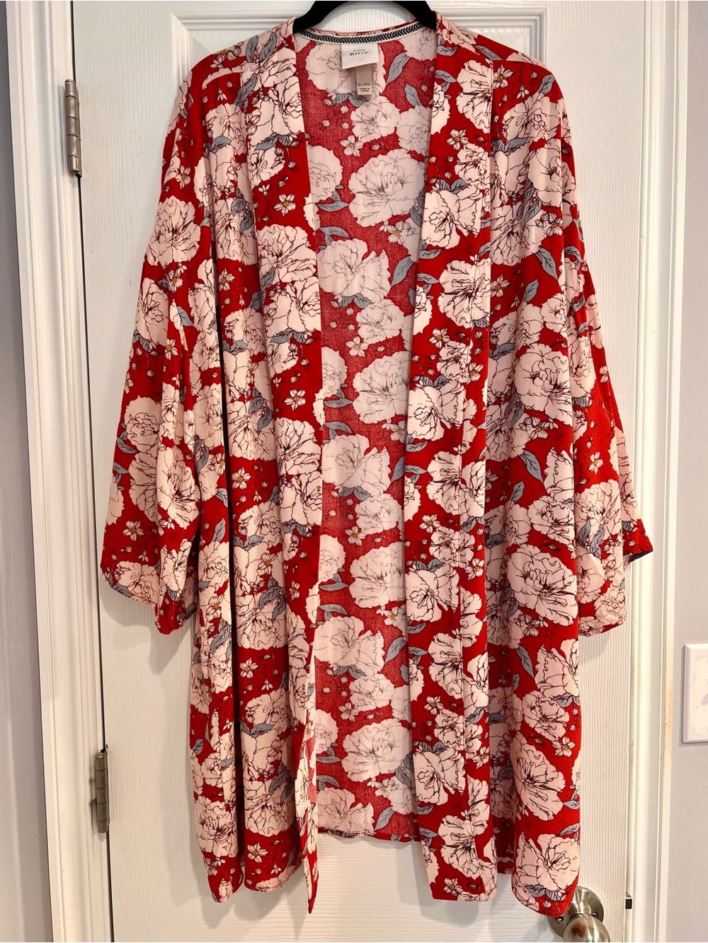 Peonies Kimono Duster Layering Red Cream Flowy Boho XL 2X Women’s Cardigan Open